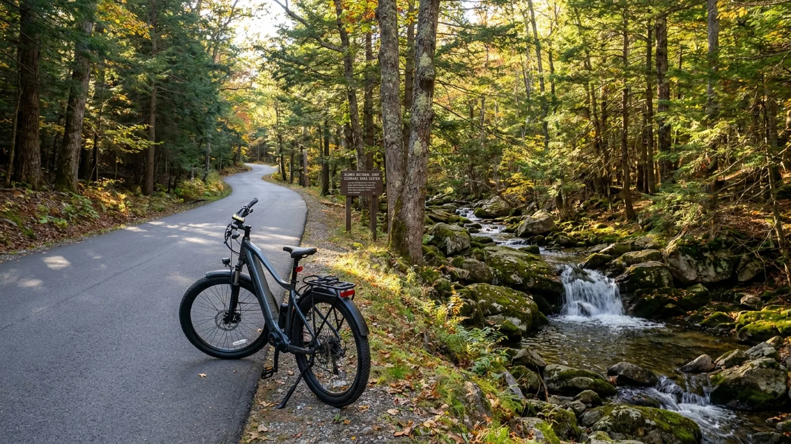 Electric bike on a paved carriage road curving through mature hemlock and oak woods beside a rocky stream and small waterfall