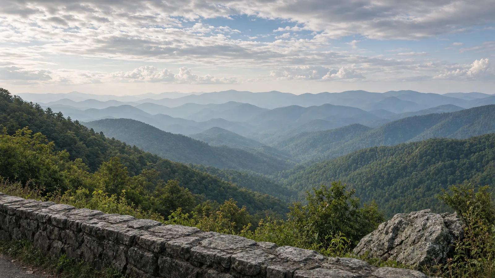 Blue Ridge Parkway overlook with Appalachian ridges, North Carolina