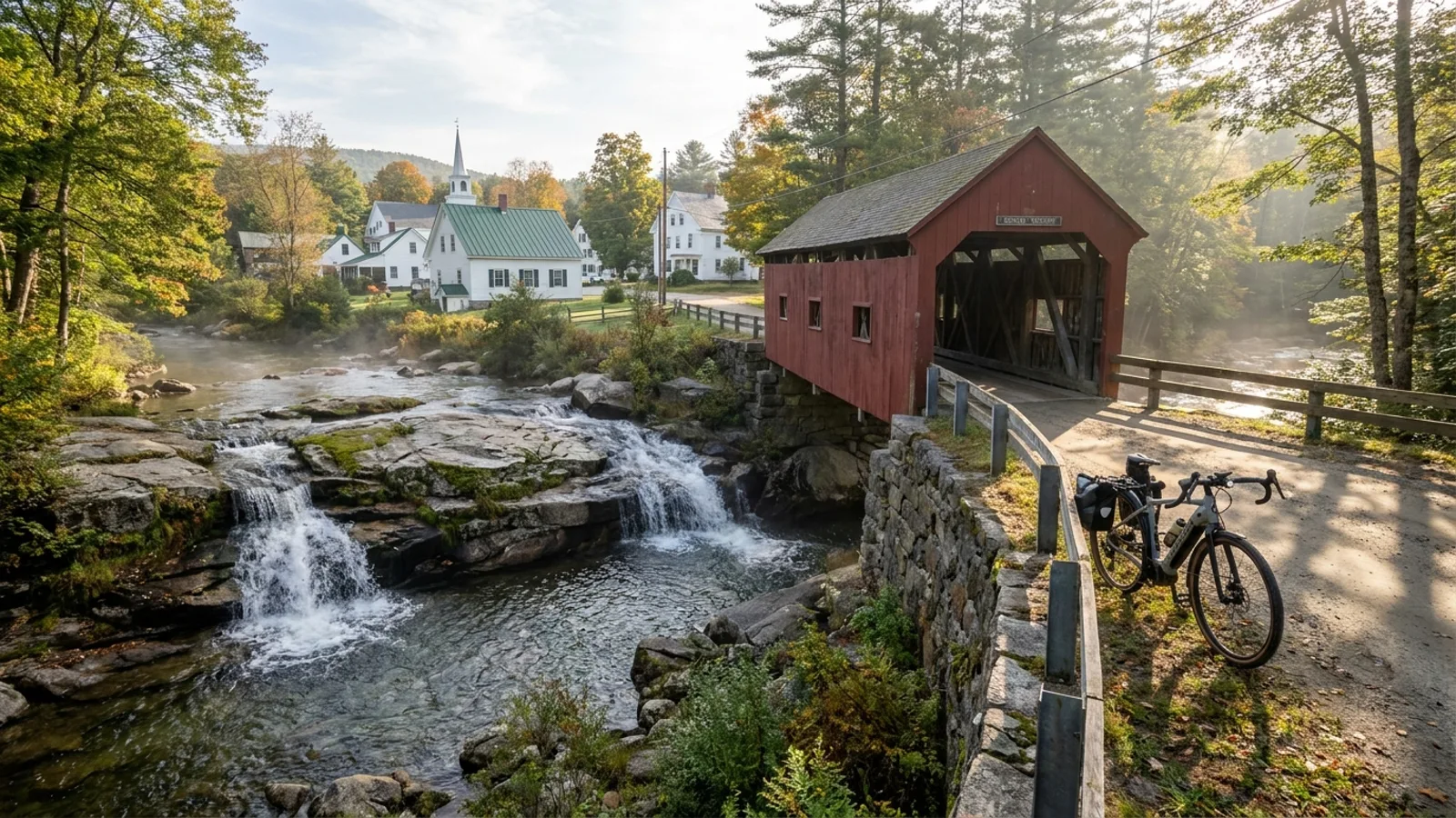 Electric bike at the approach to a small red covered bridge crossing a clear mountain stream dropping over broad granite ledges with white clapboard village buildings beyond