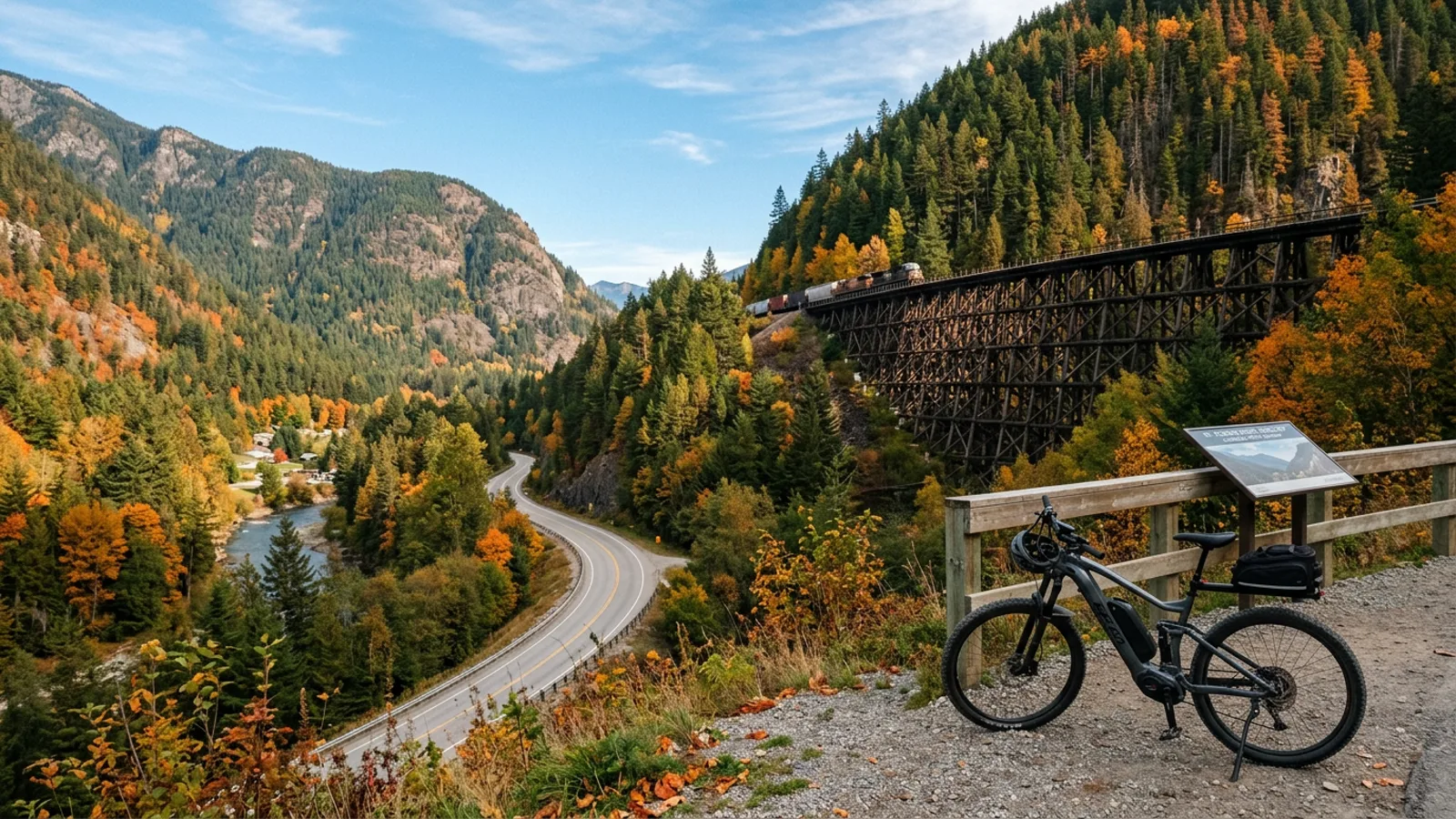 Electric bike at a roadside pullout in a steep forested mountain notch with a high old railway trestle crossing a ravine on the far hillside