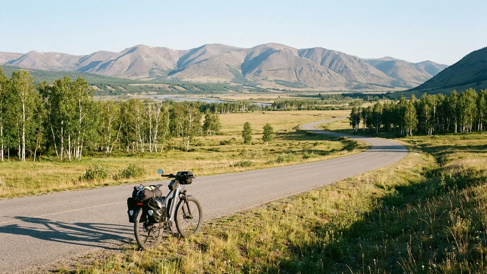 Electric bike parked at the roadside in a broad river valley of open meadow and birch with a quiet paved road and a high range of bare rounded mountains beyond