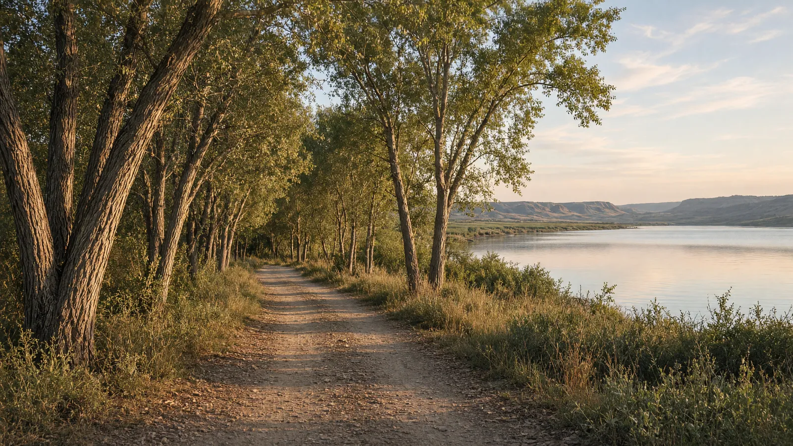 Empty Missouri River cottonwood path toward Lake Sakakawea country, Williams County, North Dakota