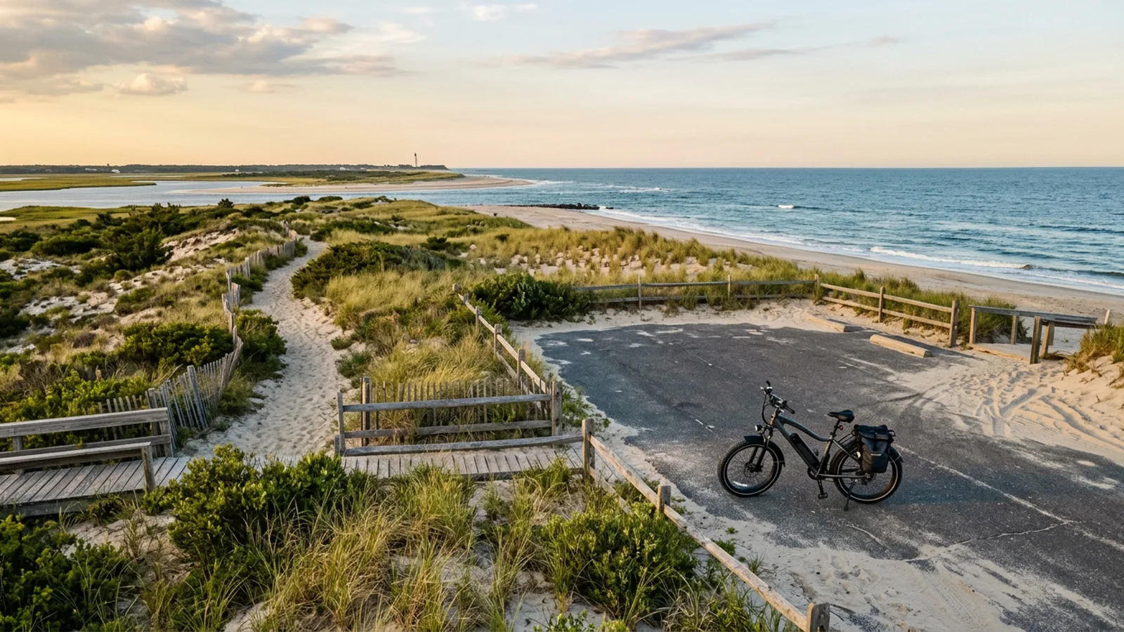 Electric bike at the end of a paved road beside undeveloped dunes and beach grass at a New Jersey barrier island inlet