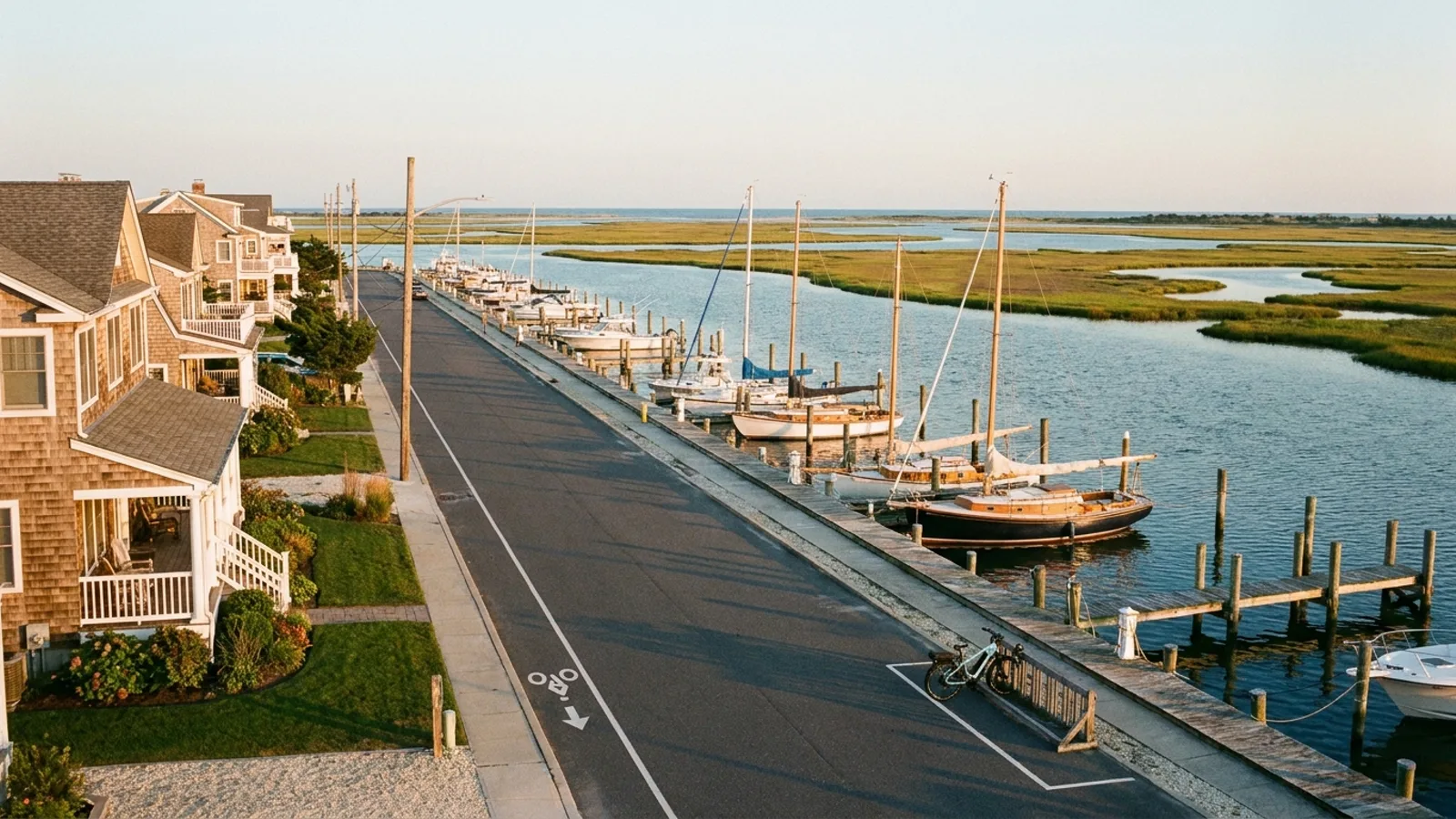 Electric bike at a rack on a quiet bayside street with a bike lane, moored boats, and shore houses in New Jersey