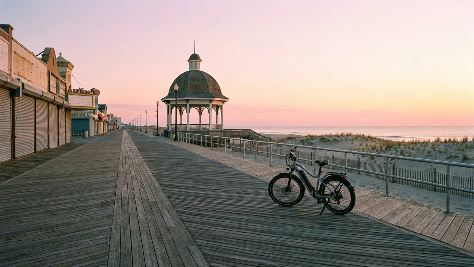 Electric bike parked on a Jersey Shore boardwalk at sunrise in Ocean City New Jersey