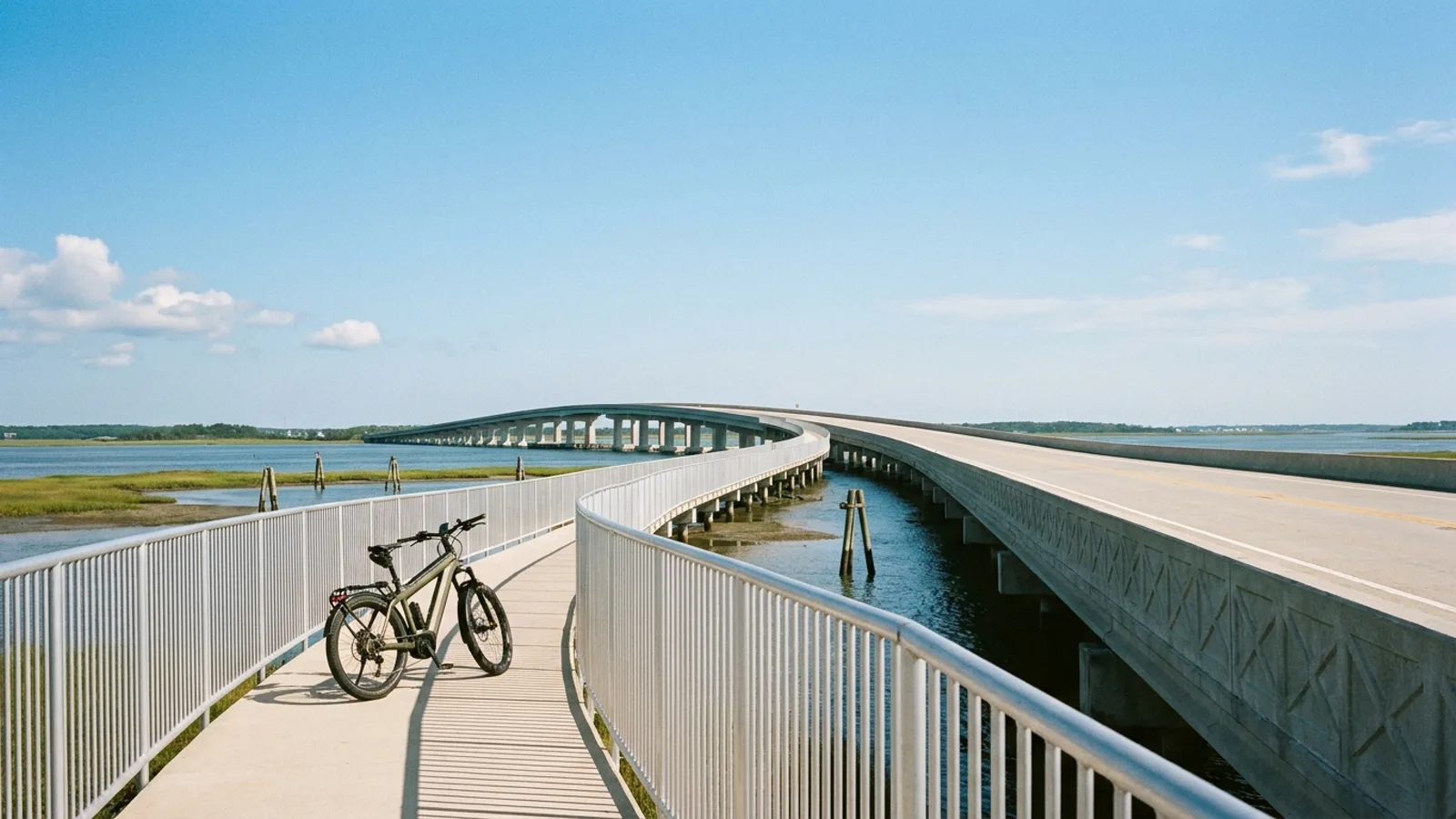Electric bike on a separated shared-use path along a low causeway bridge crossing back bay salt marsh in New Jersey
