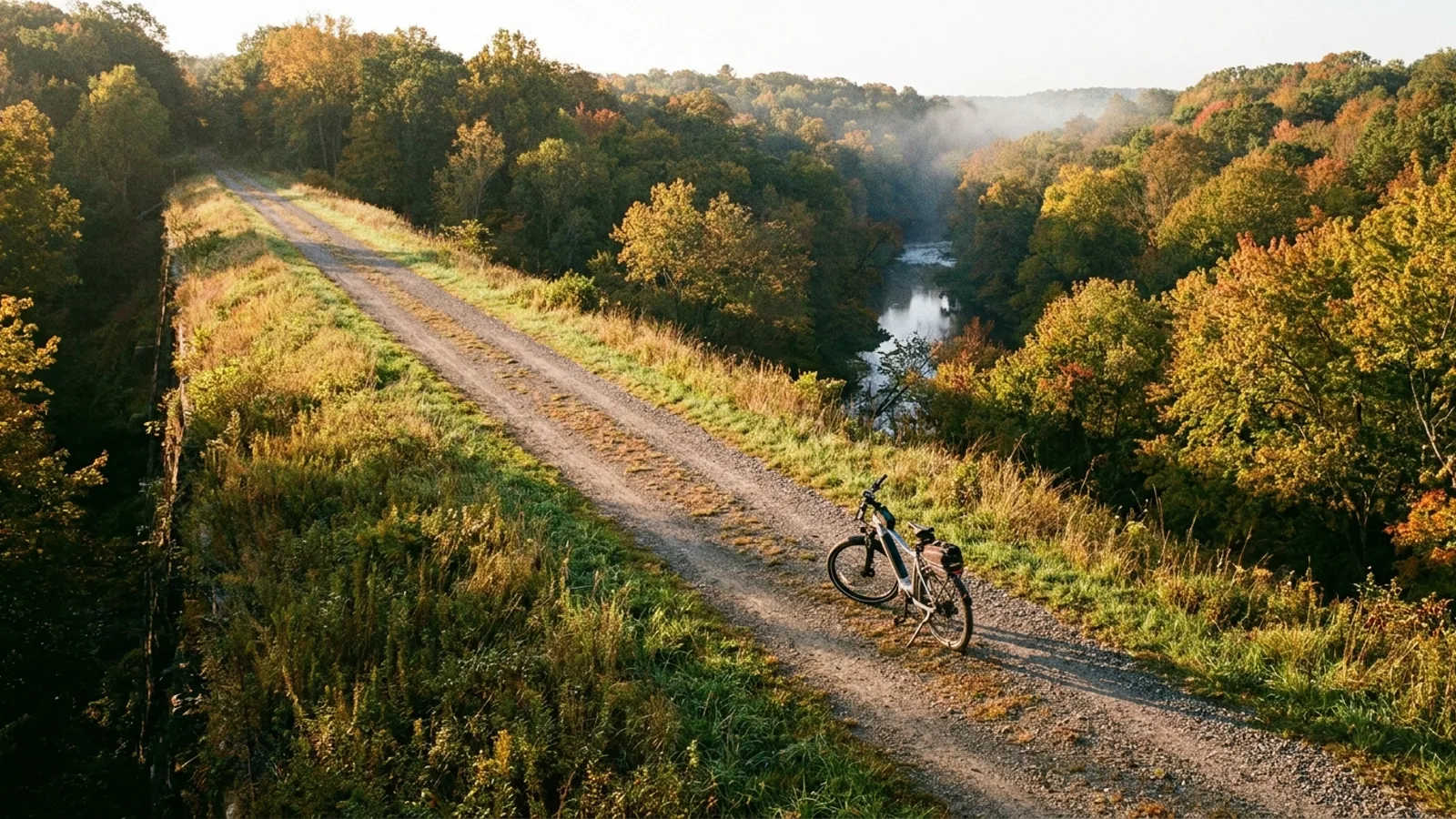 Electric bike on a packed stone rail-trail running along a high railroad embankment above a wooded valley in eastern Connecticut