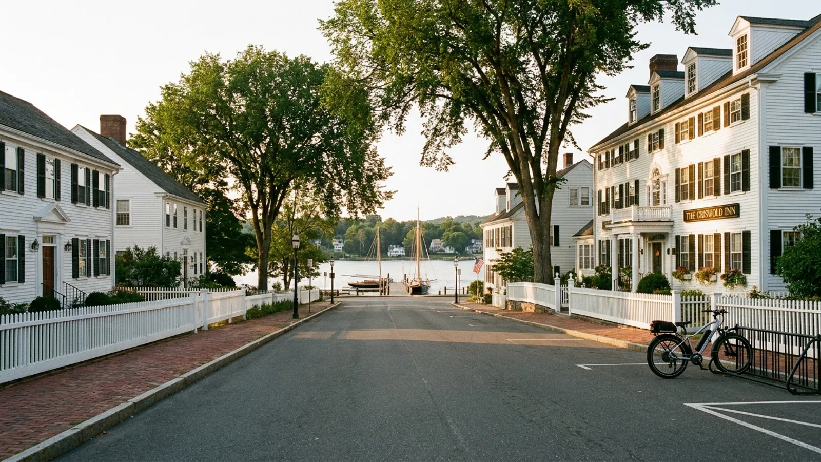 Electric bike at a rack on a historic riverfront village street of white clapboard houses sloping to a boat dock in Connecticut
