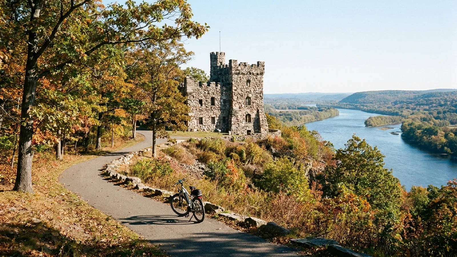 Electric bike on a park path below a rustic fieldstone castle on a wooded bluff above the Connecticut River