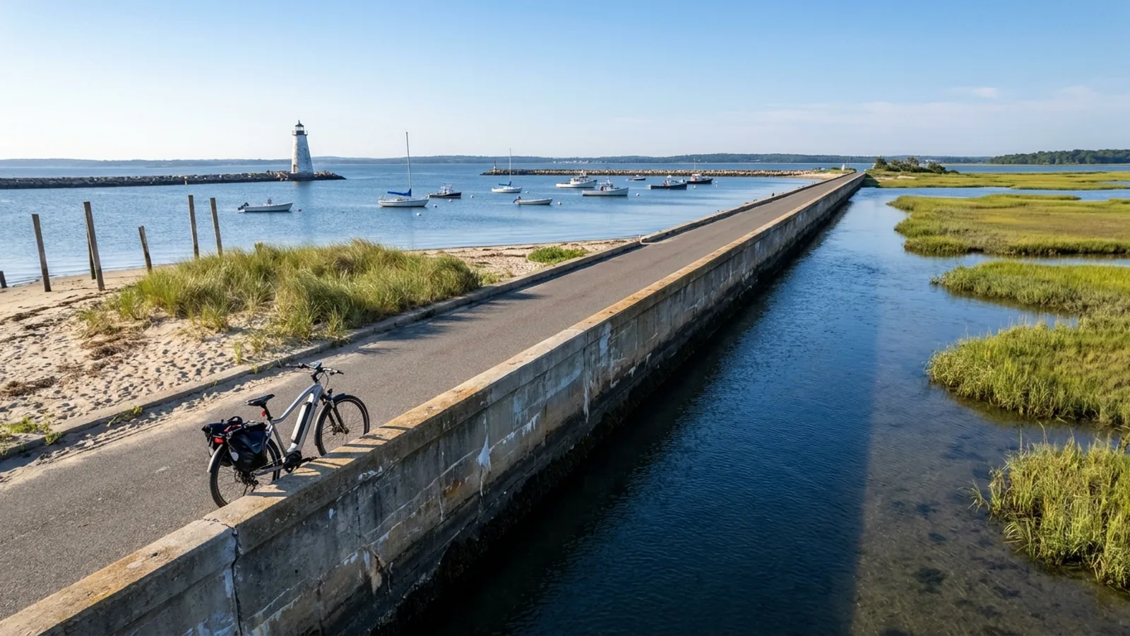 Electric bike parked beside a coastal causeway seawall with a lighthouse at the Connecticut River mouth in Old Saybrook