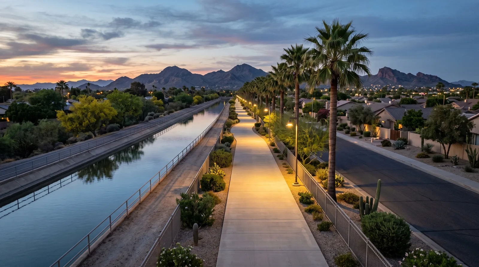 Wide lighted concrete path running beside a straight canal through a Phoenix neighborhood at dusk