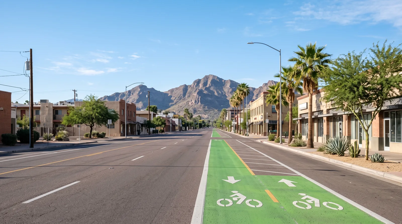 Wide city street with a marked bike lane running past low-rise buildings toward a distant desert mountain