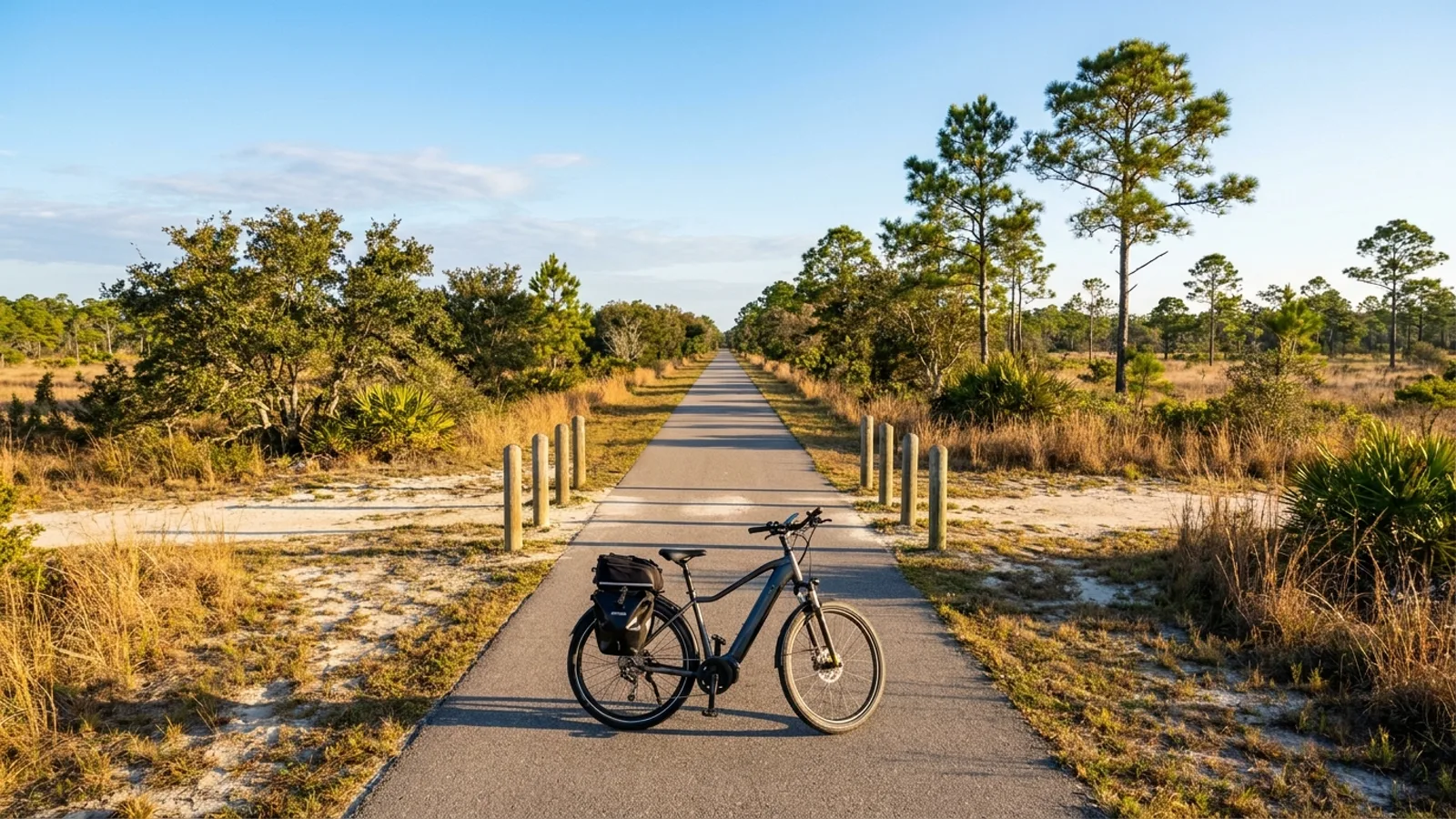 Electric bike on a smooth paved rail-trail running through open oak and pine woodland on the South Jersey coastal plain