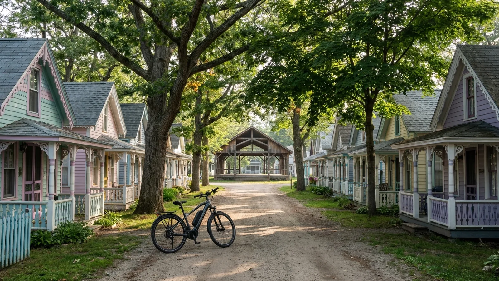Electric bike on a narrow lane of small Victorian gingerbread cottages radiating toward a large open-sided wooden tabernacle pavilion