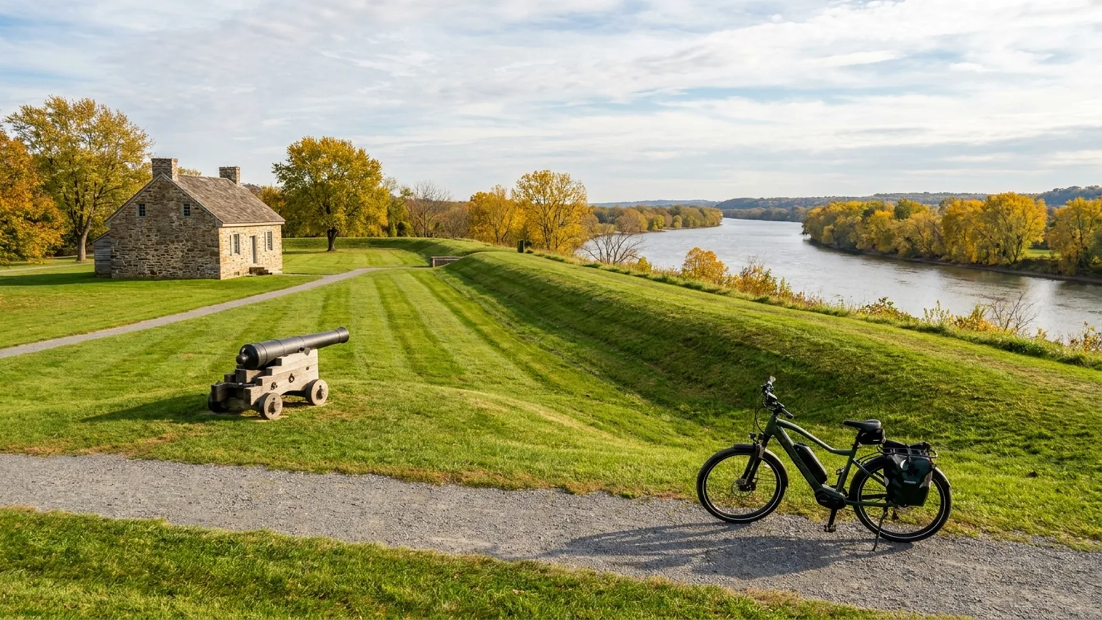 Electric bike on a mown path beside a grassy Revolutionary War earthwork rampart in a riverside park above a very wide river with an old stone house and a cannon