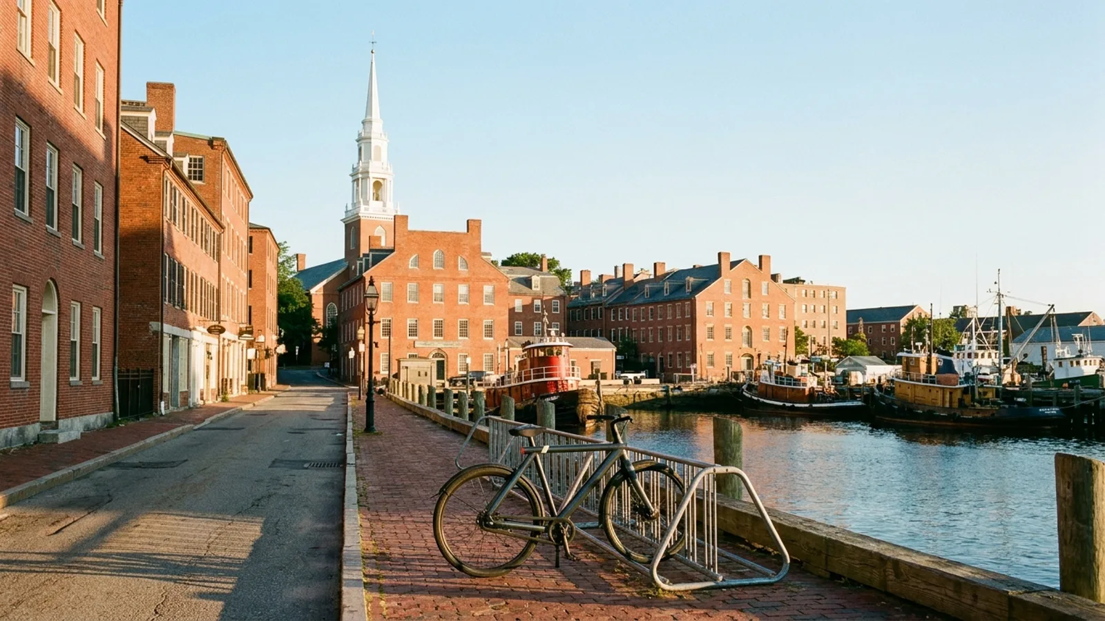 Electric bike on a brick sidewalk in a historic New England seaport downtown with a white church steeple and a tidal river beyond