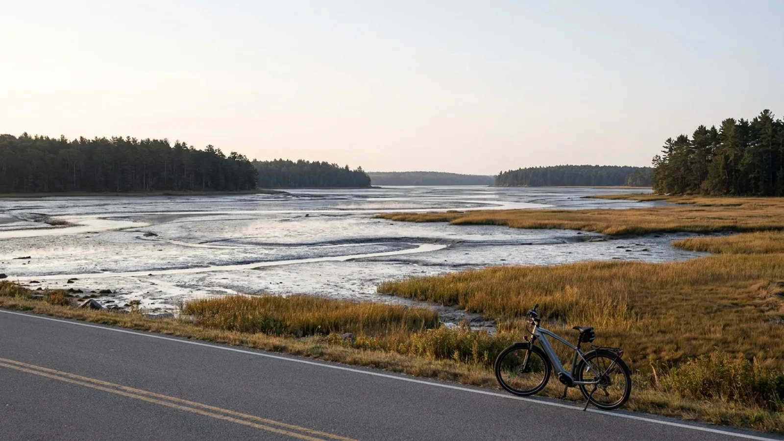 Electric bike at the roadside on a quiet paved road above a broad tidal estuary at low tide with mudflats, salt marsh and dark pine woods on the far shore