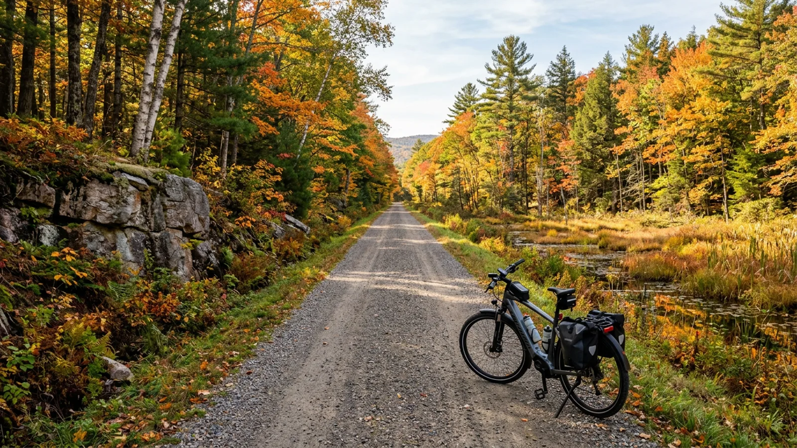 Electric bike parked on a wide gravel rail-trail running straight through New England mixed forest of pine and birch with granite ledge alongside