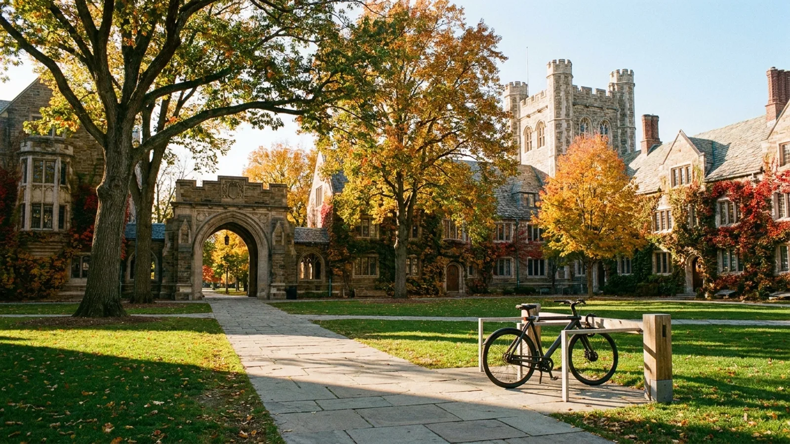 Electric bike at a rack on a paved path across a green quadrangle with collegiate gothic stone buildings, ivy and a stone archway
