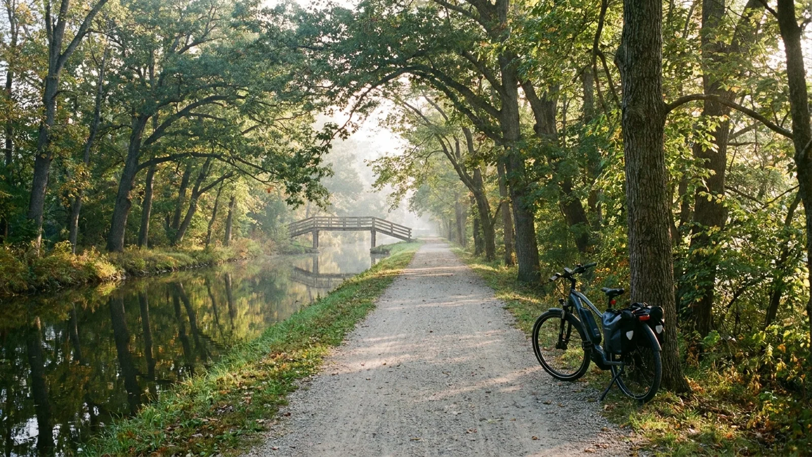 Electric bike on a flat crushed-stone canal towpath beside a still historic canal with trees arching overhead in New Jersey