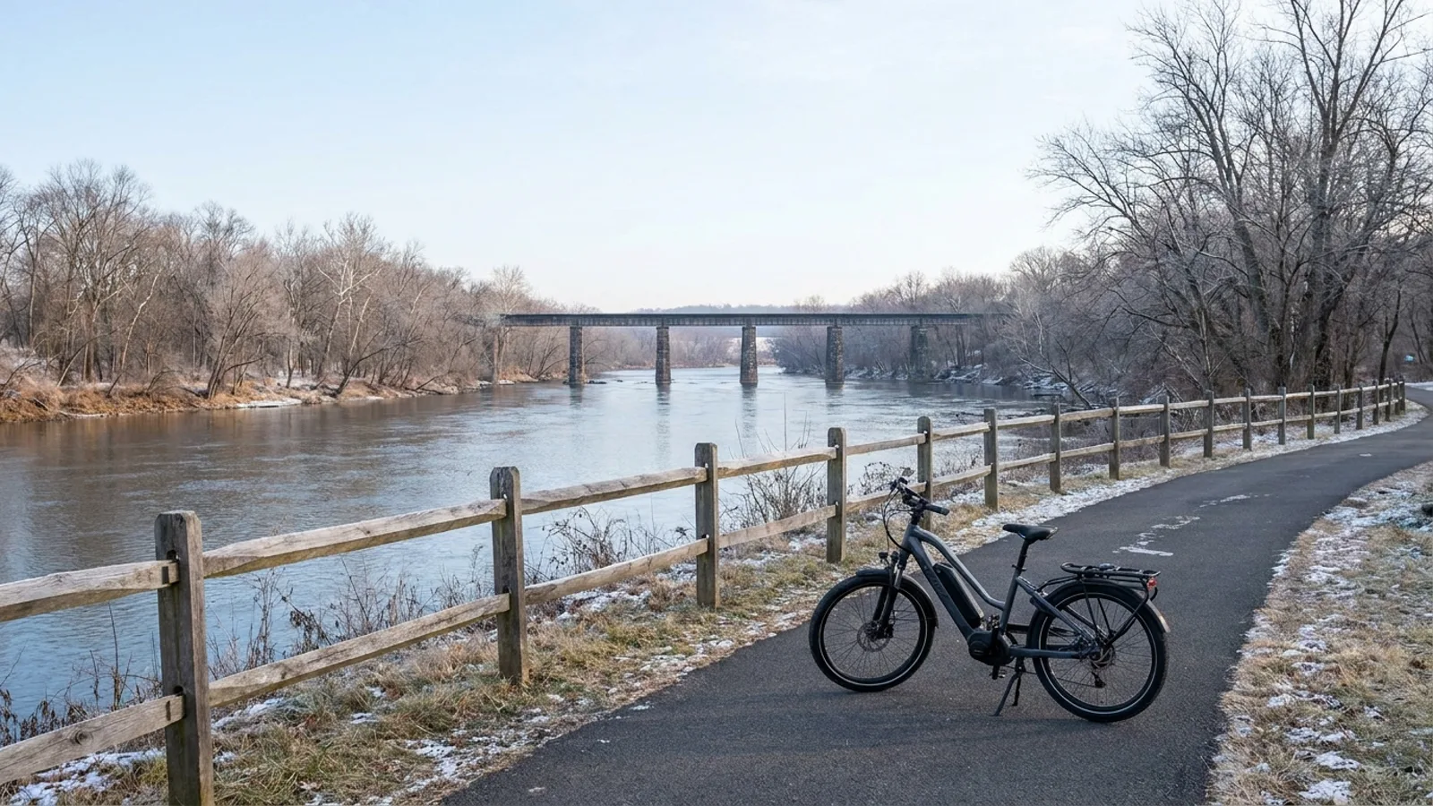 Electric bike on a paved riverside park path with a split-rail fence beside a wide slow river with bare trees and a long low stone-pier bridge