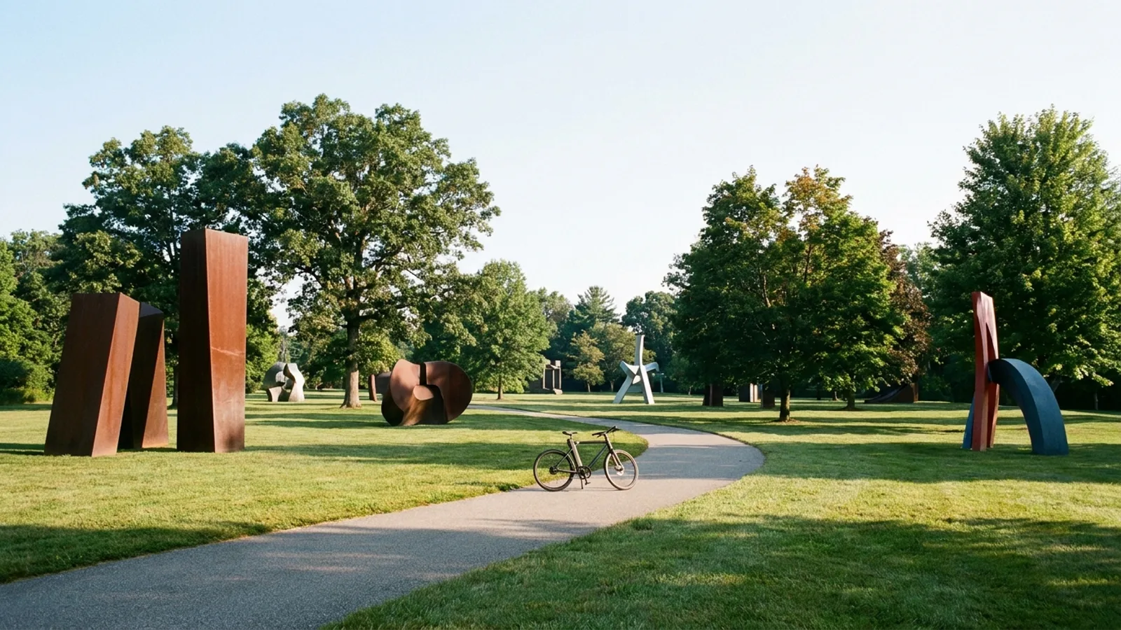 Electric bike on a curving paved path in a large outdoor sculpture park with monumental abstract steel sculptures on mown lawns between specimen trees