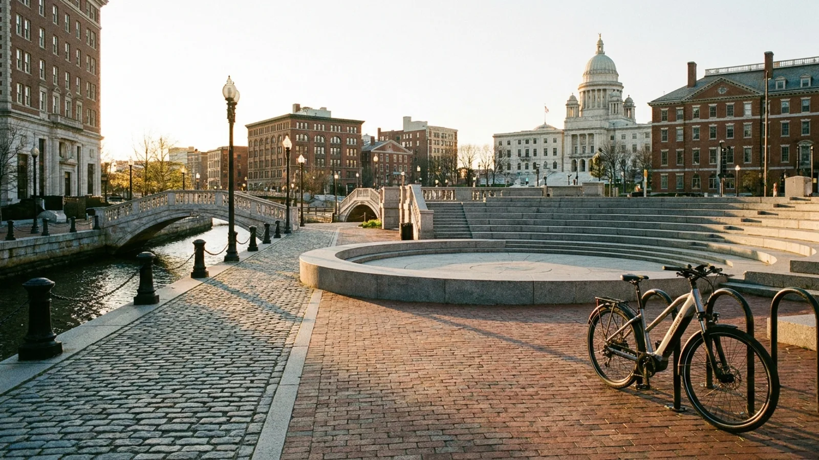 Electric bike locked at a rack on the Providence Riverwalk with the Rhode Island State House dome in the distance