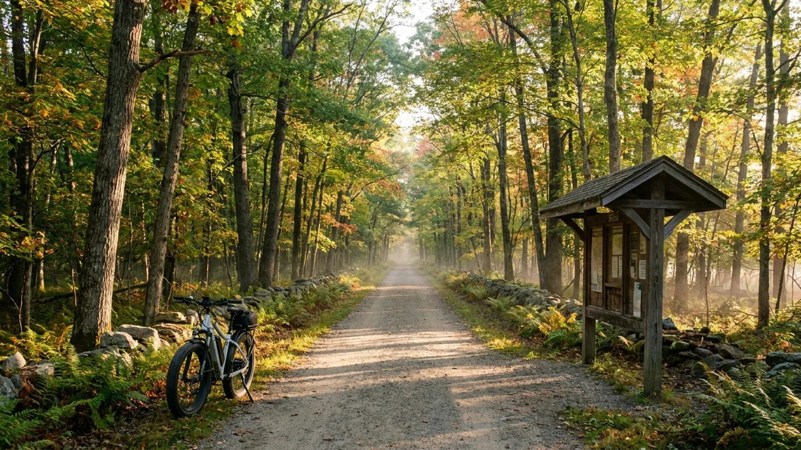 Electric bike on a packed stone rail-trail through oak woods in northeastern Connecticut