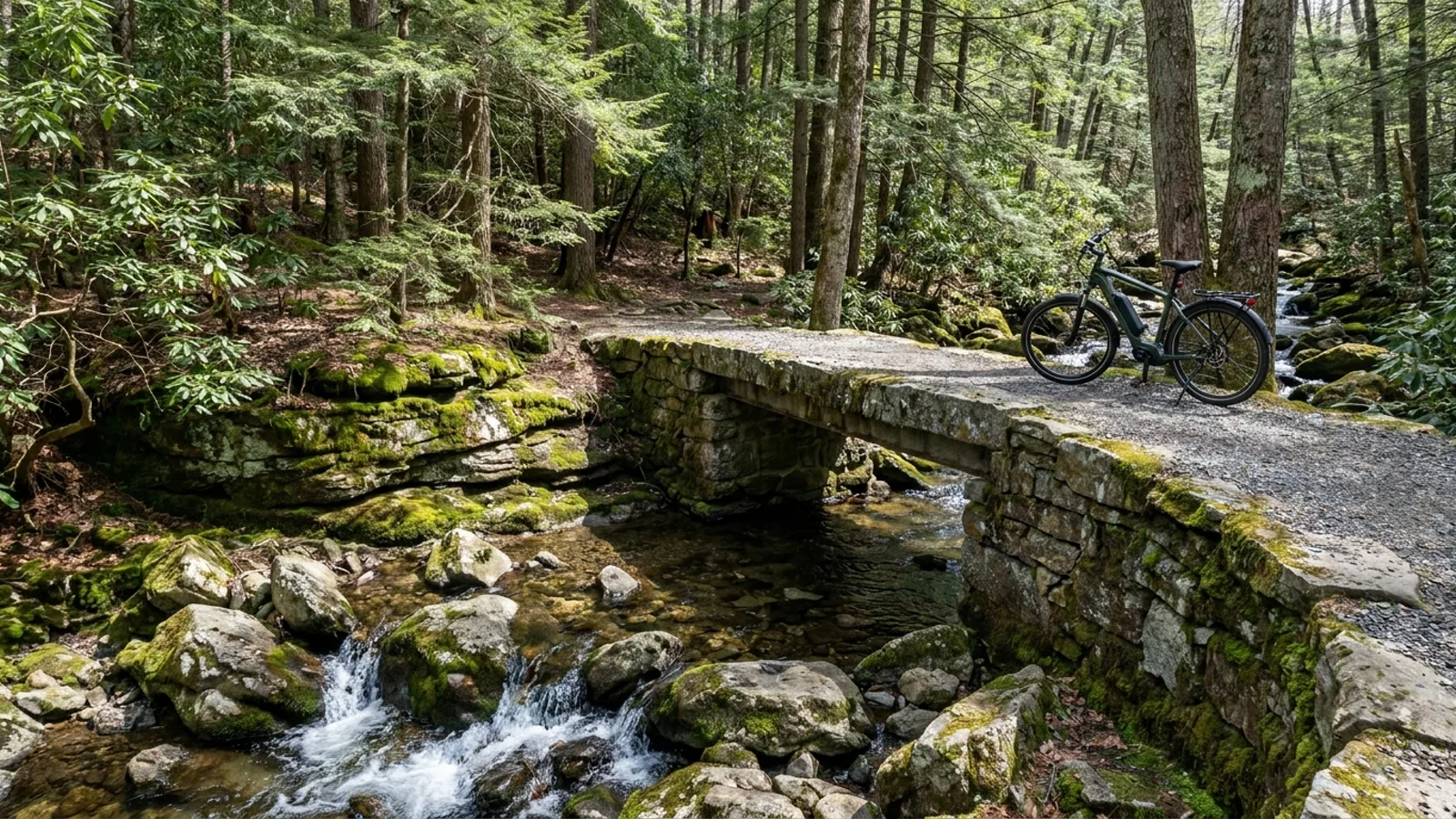 Electric bike parked at a low stone bridge over a rocky brook in a wooded New England state park