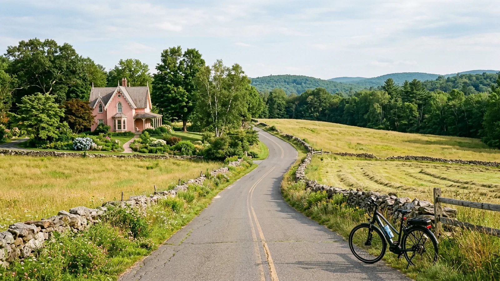 Electric bike at the roadside on a rolling farm road with hayfields, stone walls, and an ornate Gothic Revival country house in northeastern Connecticut
