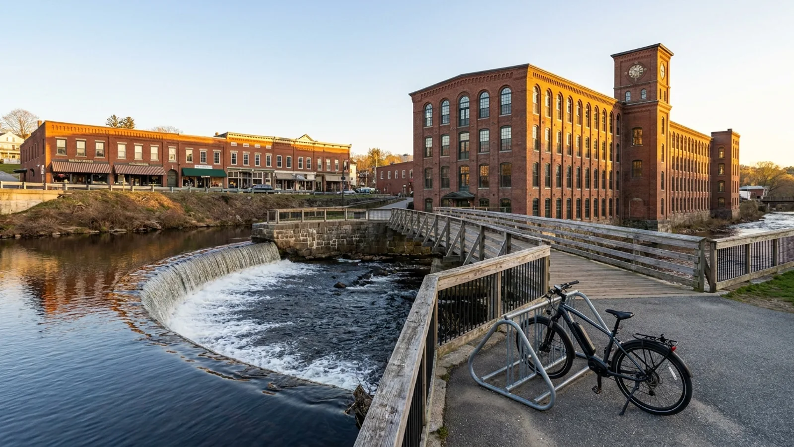 Electric bike at a rack beside a river dam and converted brick mill building in a small New England mill town