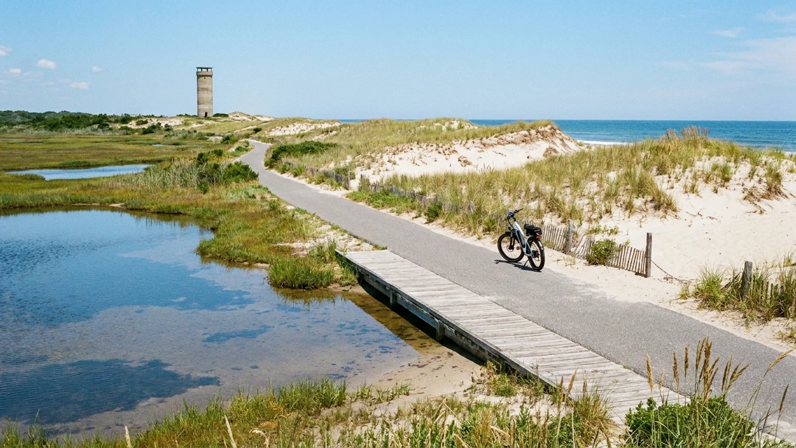 Electric bike on a narrow paved and boardwalk coastal trail between a salt pond and dunes with a WWII observation tower behind