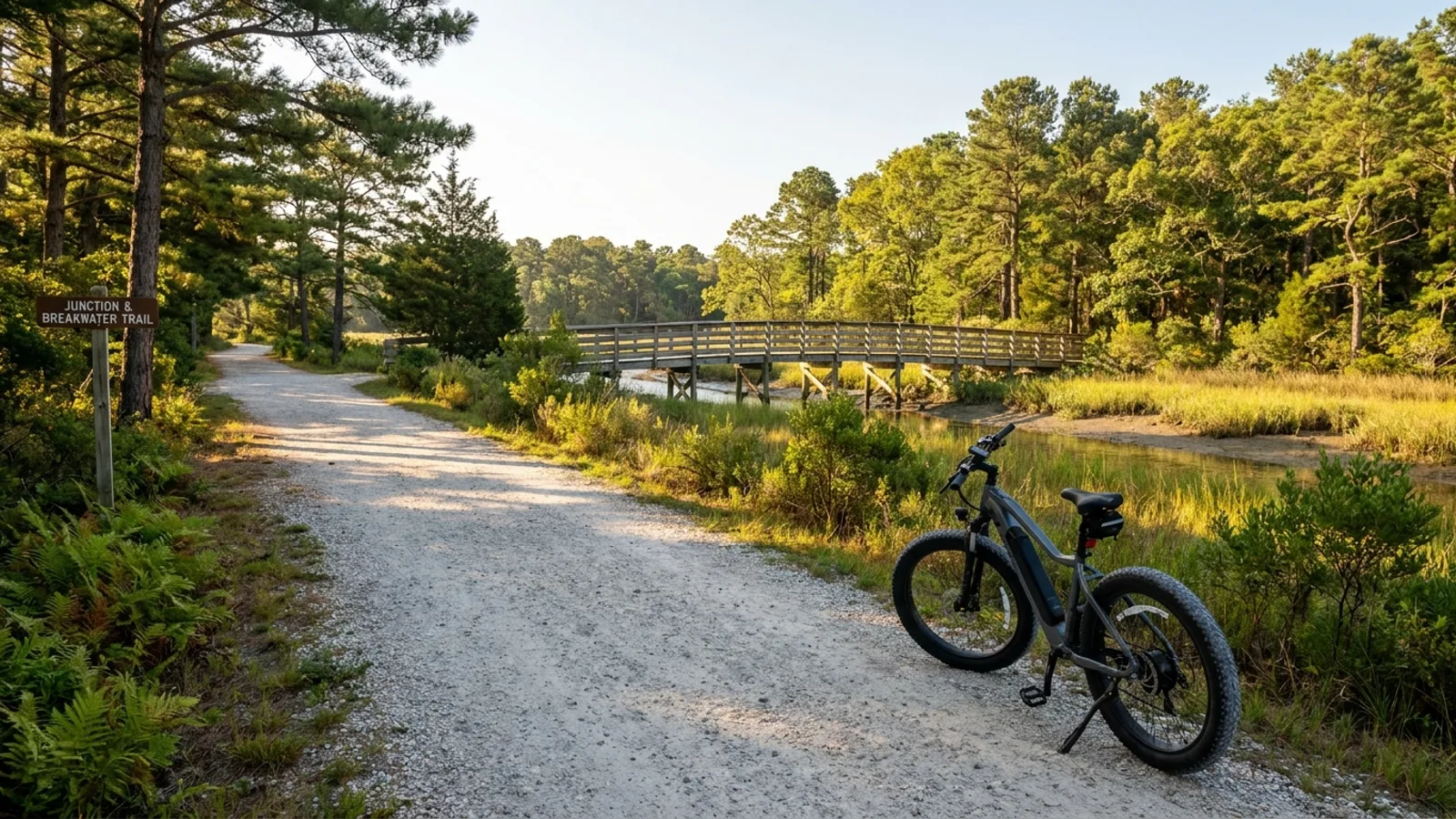 Electric bike with wide tires parked on a crushed stone rail-trail through coastal Delaware woods with a wooden bridge ahead