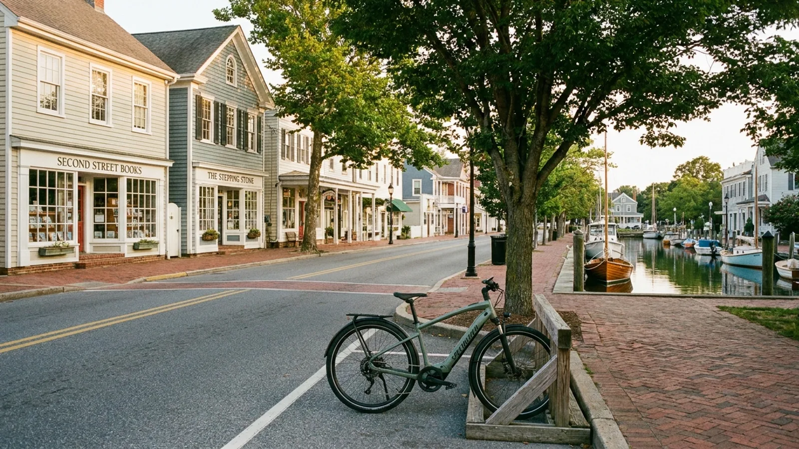 Electric bike at a rack on a historic tree-lined main street in Lewes Delaware