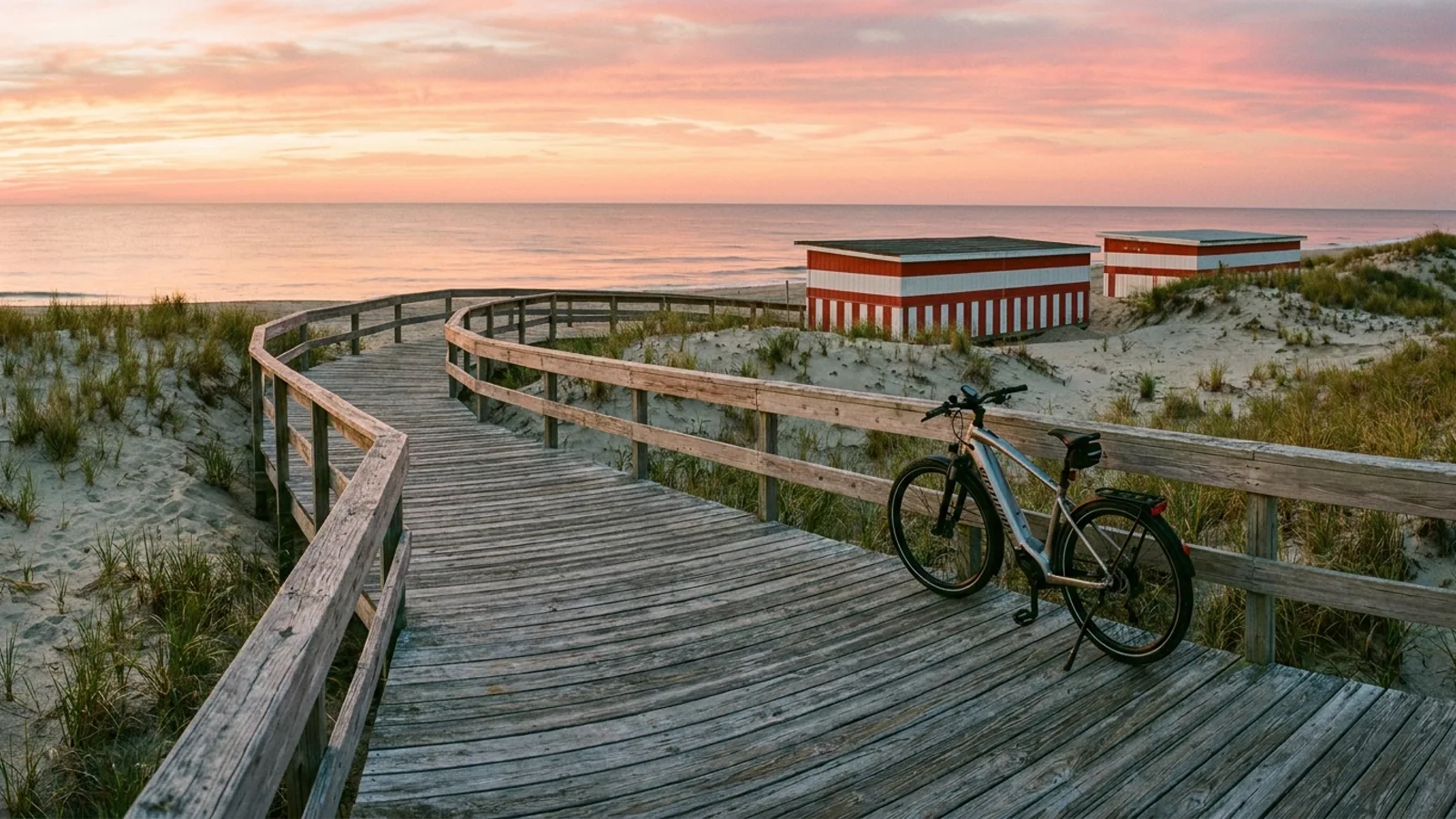 Electric bike parked on the wooden beach boardwalk at sunrise on the Delaware coast at Rehoboth Beach