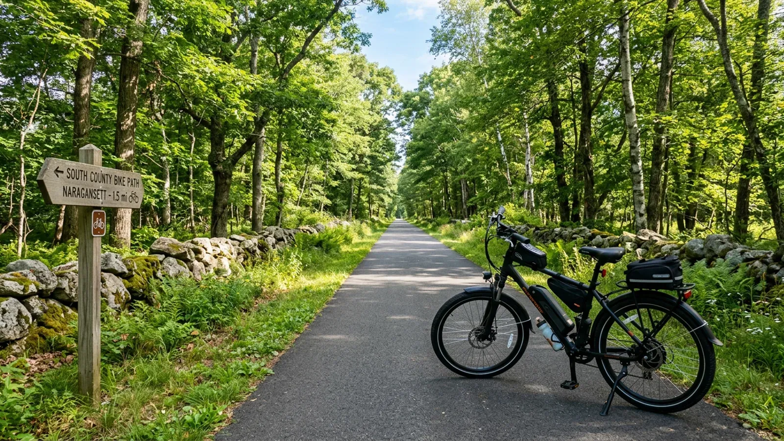 Empty South County Bike Path through woods near Peace Dale, Washington County, Rhode Island