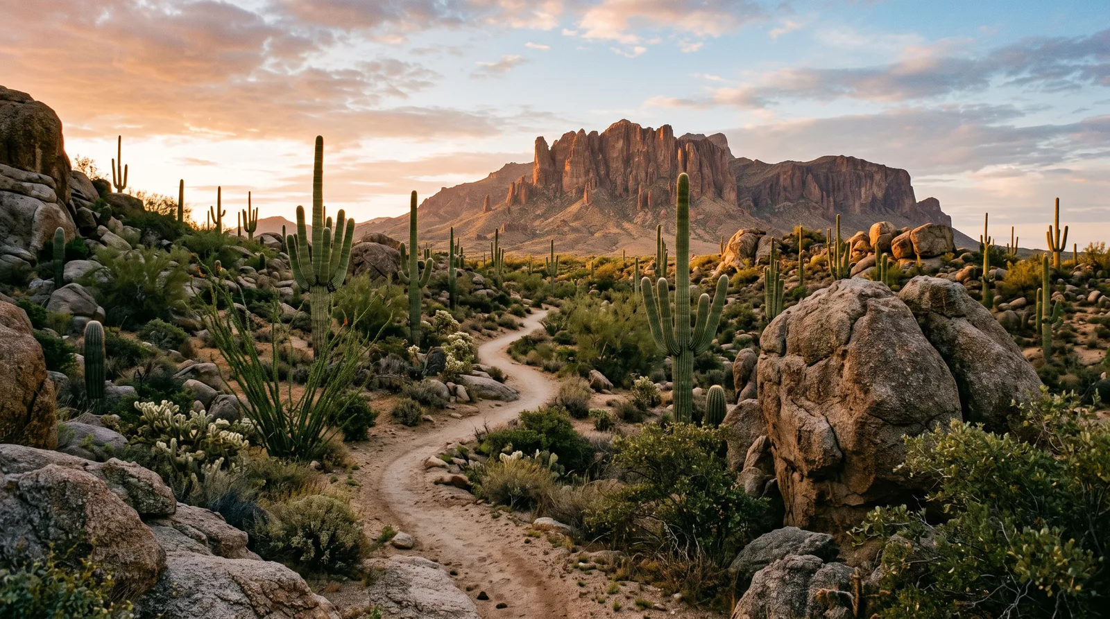 Desert singletrack trail winding between saguaro cactus toward rugged brown mountains at sunrise
