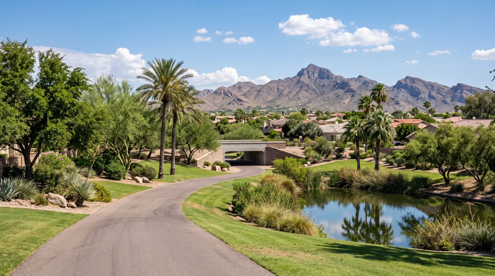 Paved path curving through a green desert park with a small lake, palms and shade trees beside it