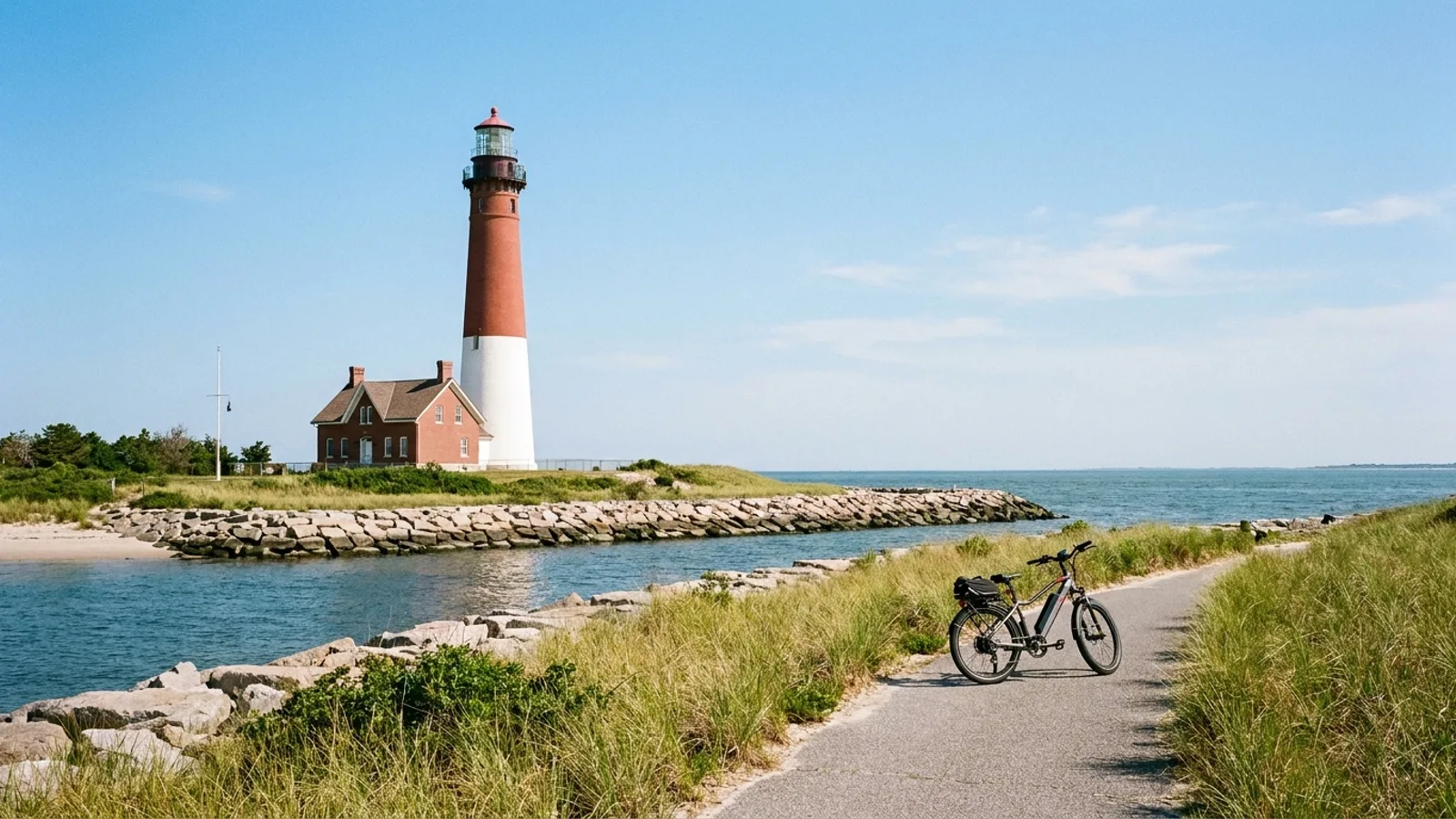 Electric bike on a park path near the red brick lighthouse at the north tip of Long Beach Island New Jersey