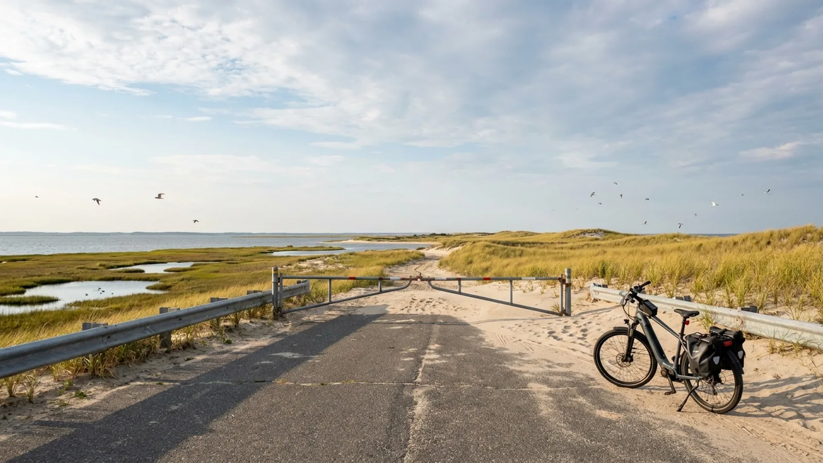 Electric bike at the end of the paved road beside undeveloped dunes and marsh at the southern tip of a New Jersey barrier island