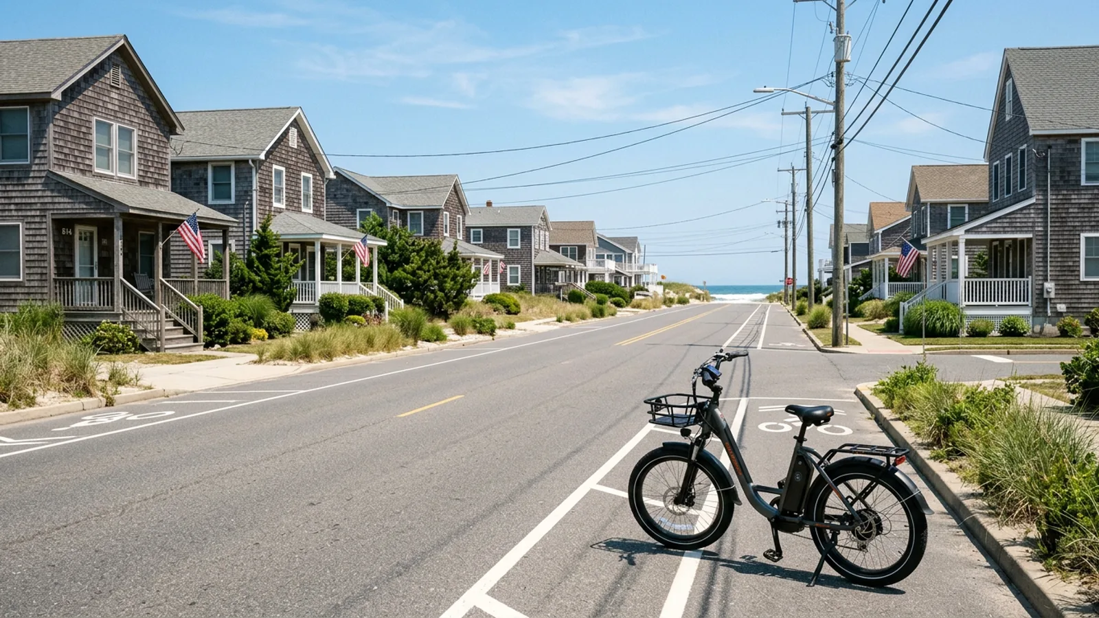 Electric bike in the bike lane on a flat barrier island boulevard lined with cedar-shingled beach houses in New Jersey
