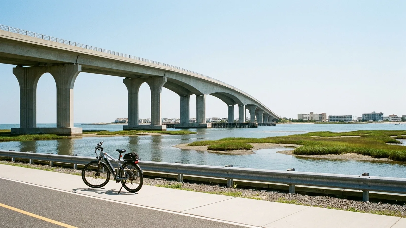 Electric bike on a separated shared-use path along a high arched bay bridge over salt marsh and boat channels in New Jersey