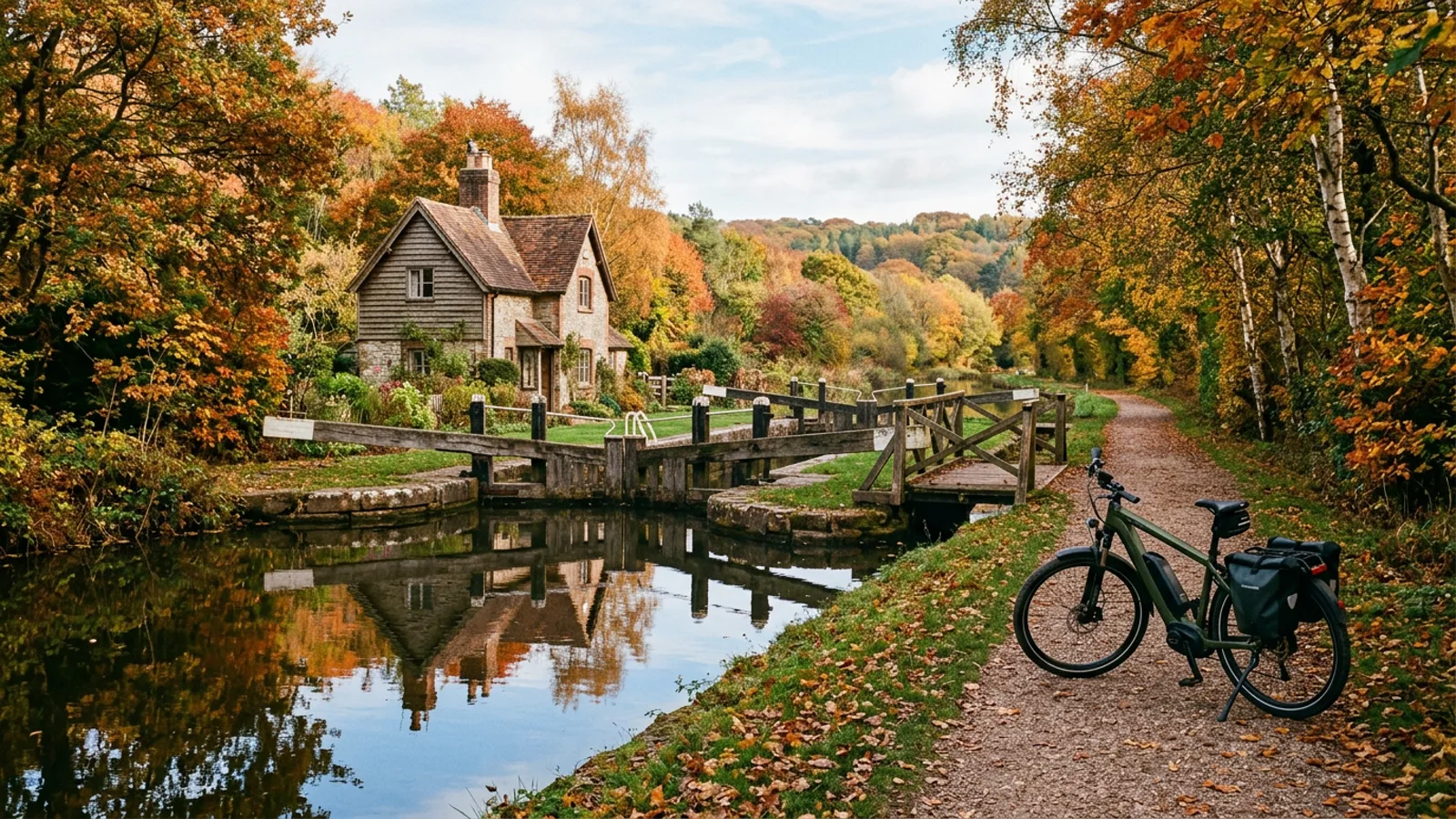Electric bike on a crushed-stone towpath beside a historic wooden canal lock and lock-tender's house with a small wooden swing bridge