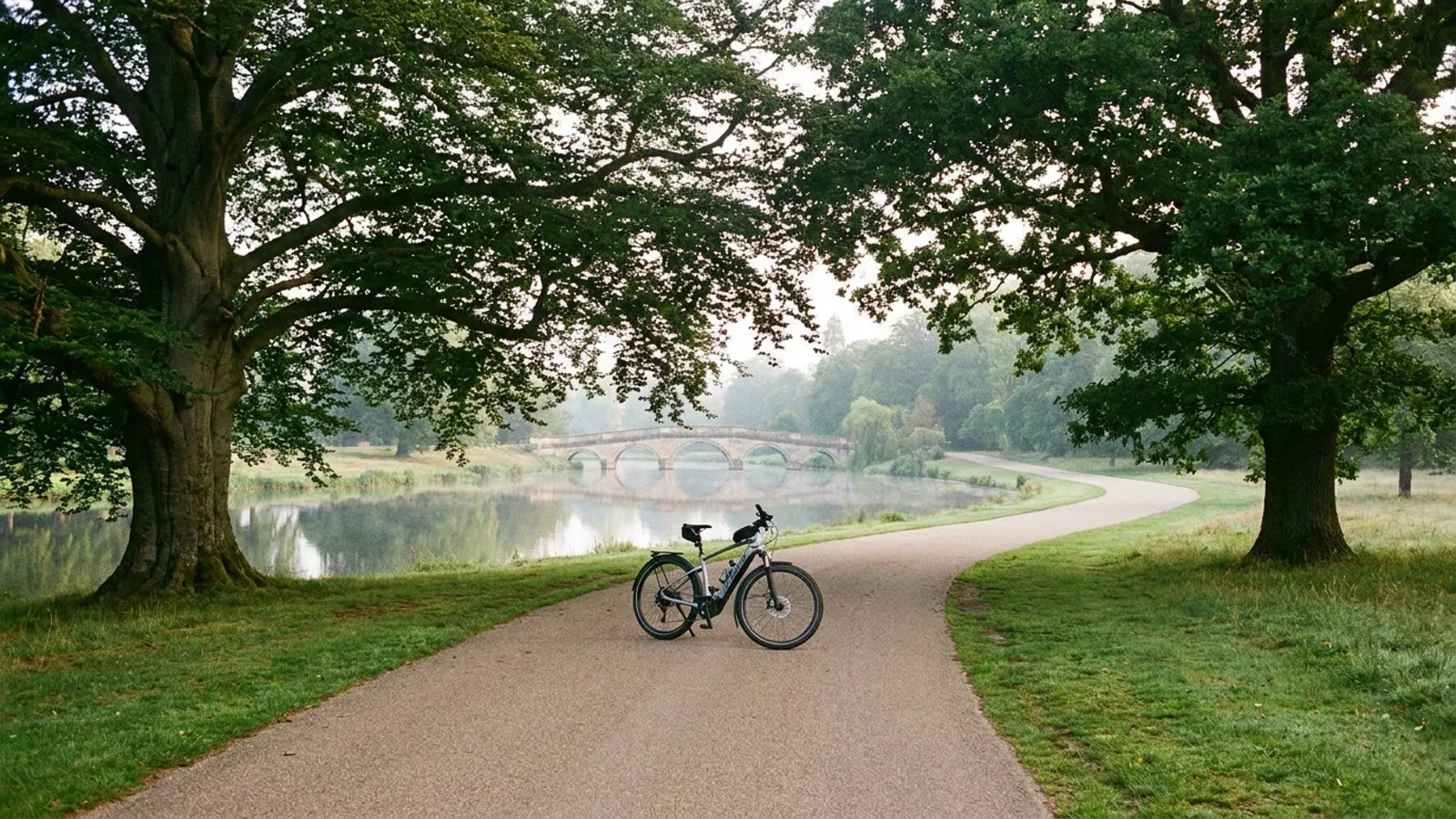 Electric bike on a broad paved trail through great estate parkland with specimen trees and an ornamental lake in New Jersey
