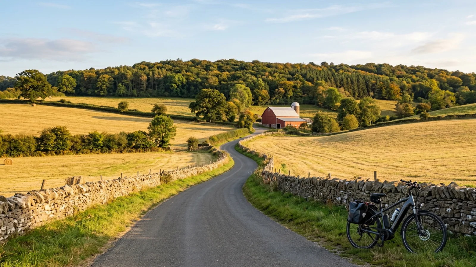 Electric bike at the roadside on a quiet country road climbing through rolling farmland toward a wooded ridge with stone walls and a red barn