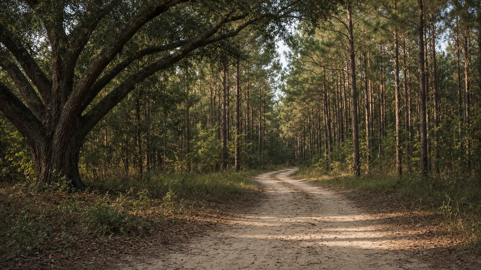 Empty Hitchcock Woods packed sand path through longleaf pines, Aiken County, South Carolina