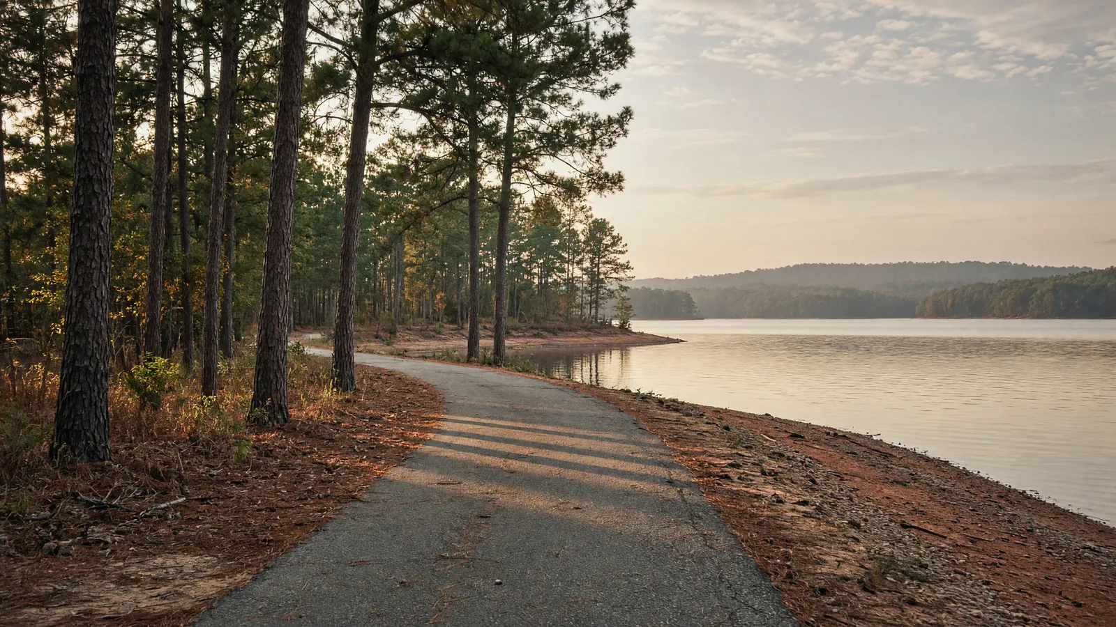 Empty Lake Hartwell shoreline path through pines, Anderson County, South Carolina