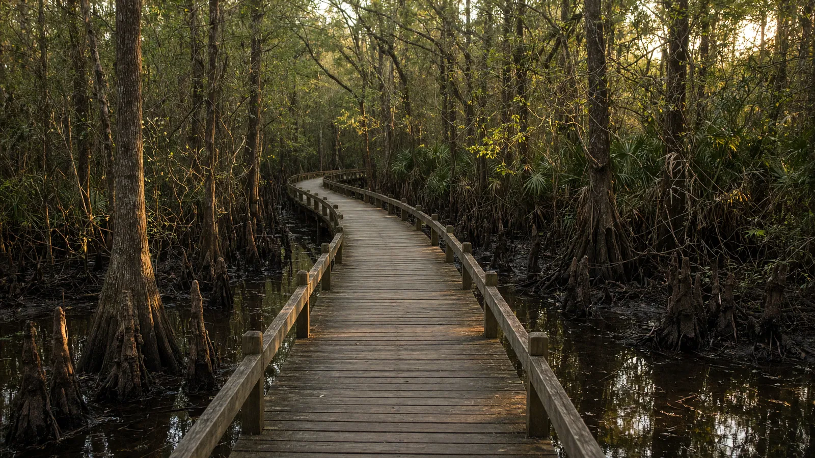 Empty Cooper River swamp boardwalk through cypress, Berkeley County, South Carolina