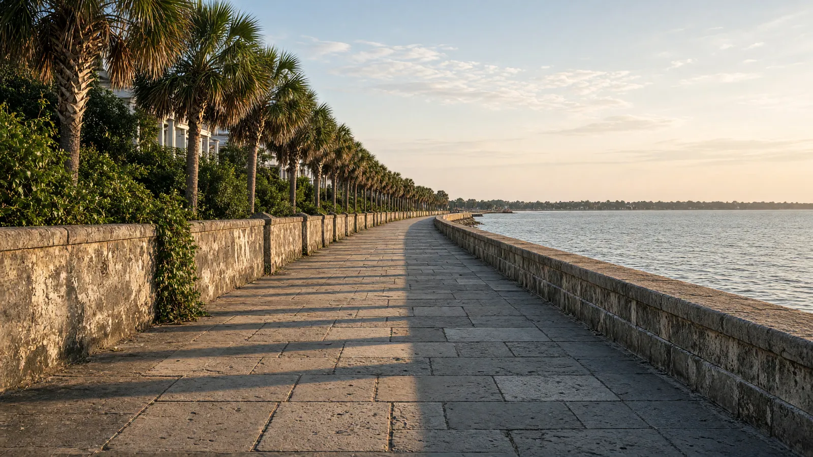 Empty Charleston Battery seawall promenade beside the harbor, Charleston County, South Carolina