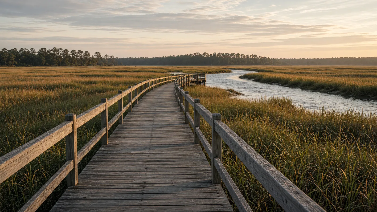 Empty ACE Basin marsh boardwalk through cordgrass, Colleton County, South Carolina